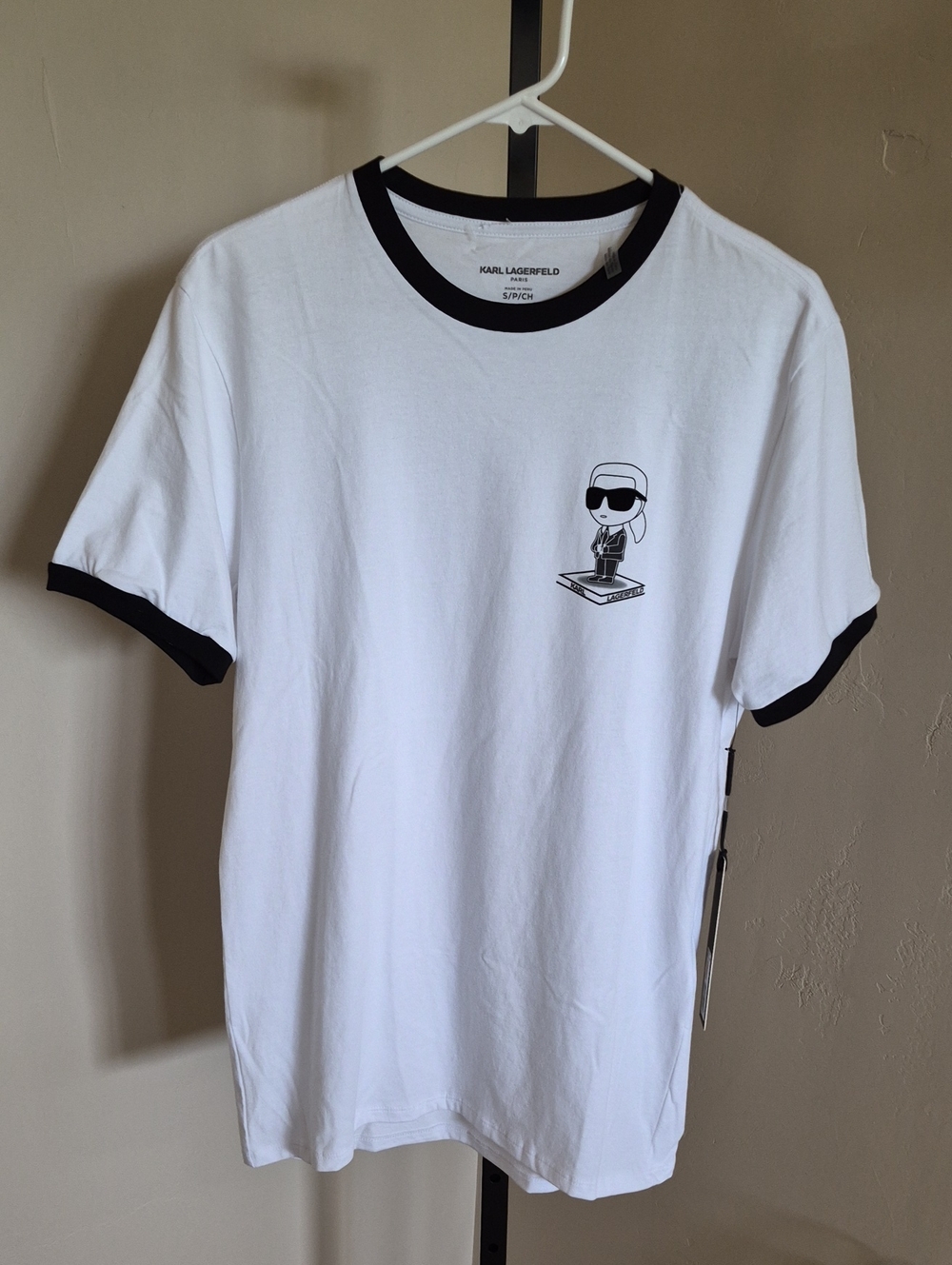 Karl Lagerfeld White T-Shirt with Black Ringer Trim and Logo Size Small